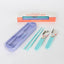 Cutlery set with purple case, purple fork, and spoon, chopsticks on a white background