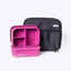 Pink bento box with compartments and a black carrying case on a white background