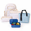 Leopard print Axis school bag and lunch box bundle: backpack, library bag, pencil case, light blue lunch tote and blue silicone bento | Spixal