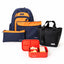Navy and orange Axis school bag and lunch box bundle: backpack, library bag, pencil case, black lunch tote and coral silicone bento | Spixal