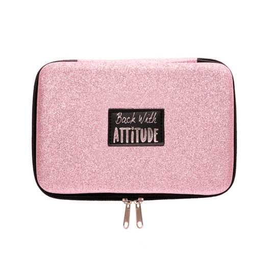 Back with attitude hard cover pink sparkle pencil case