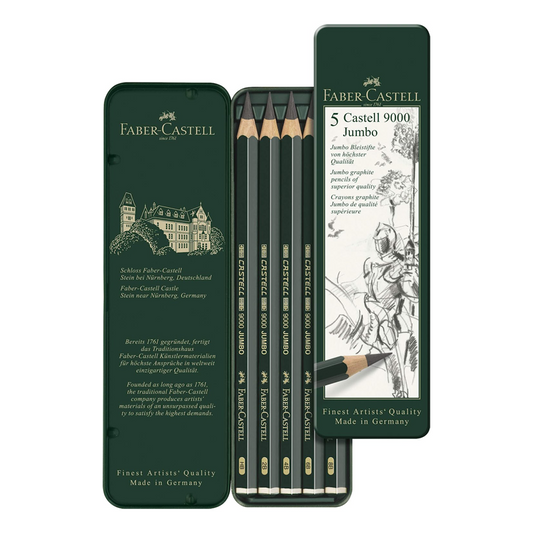 Faber Castell 9000 Pencils Jumbo Graphite Asst Tin5 front, inside & back