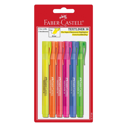 Faber Castell Textliner 38 Highlighters Fluoro Assort Pk6