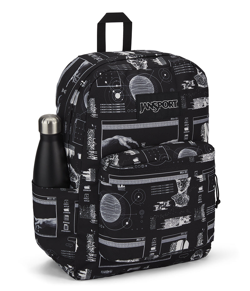 Jansport Superbreak Plus Backpack QR Code Black side view with water bottle 