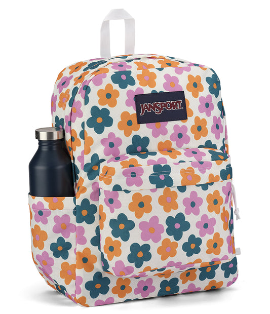 Jansport Superbreak Backpack Funky Floret Flowers front view with water bottle