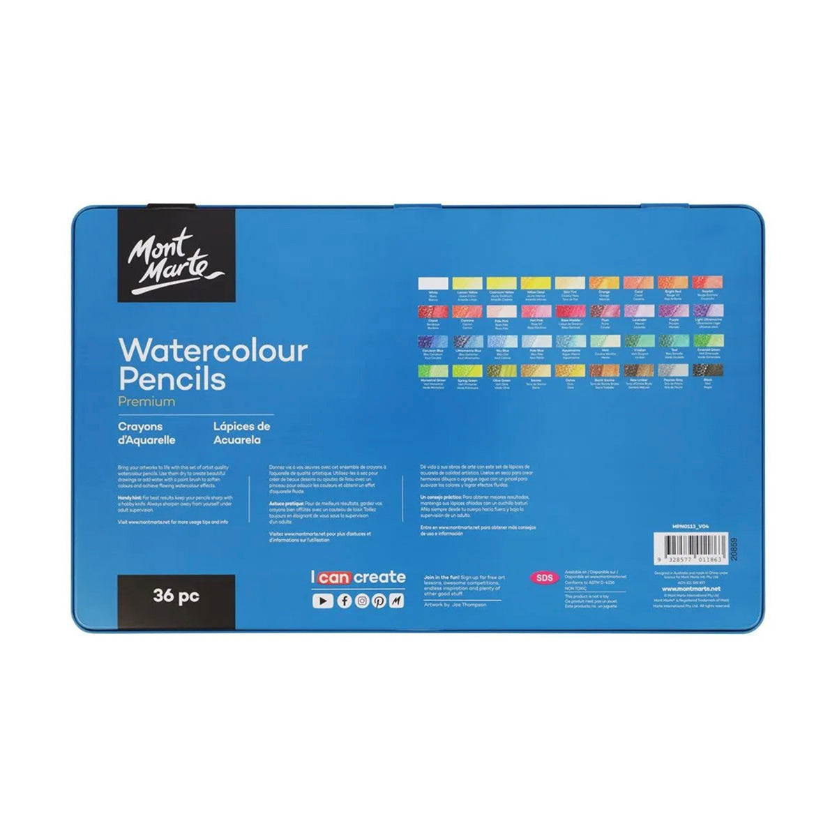 Mont Marte Watercolour Pencil 36pc Tin Set - back view