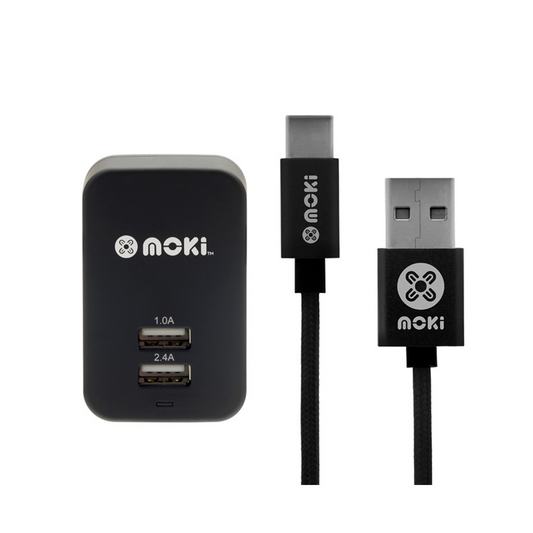 Moki Dual Wall Charger with Type-C SynCharge Cable 3.4A dual USB (2.4A + 1A) wall charger