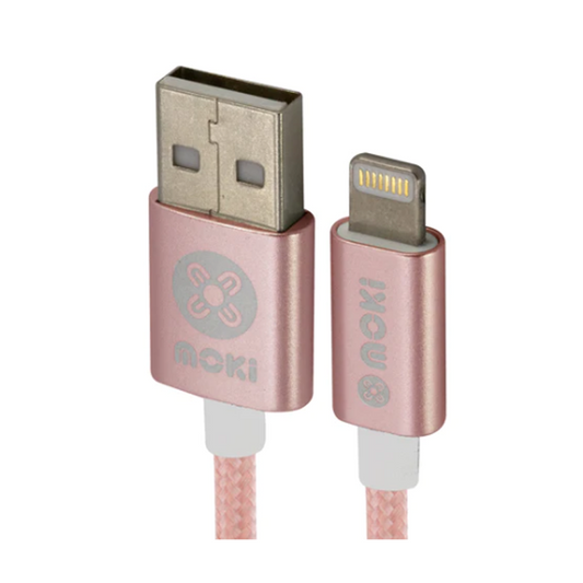 Moki Lightening To Usb Braided SynCharge Cable 90cm Rose Gold available in 10cm,90cm, 150 cm & 3m lengths