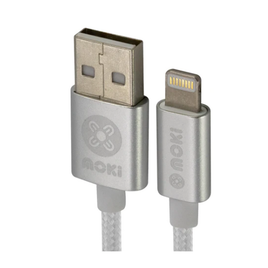 Moki Lightening To Usb Braided SynCharge Cable 90cm Silver available in 10cm,90cm,150cm & 3m lengths