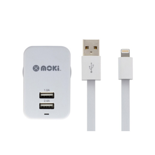 Moki Lightning Syncharge Cable + Wall Charger -  3.4A dual USB (2.4A + 1A) wall charger