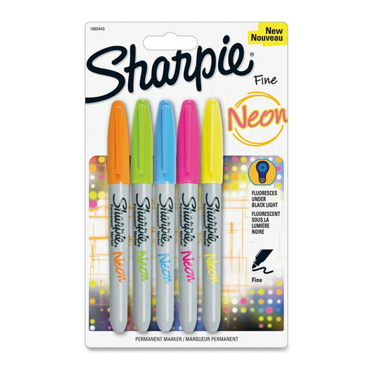Sharpie Neon Permanent Markers 1.00mm Fine Fluro Asst Pk5
