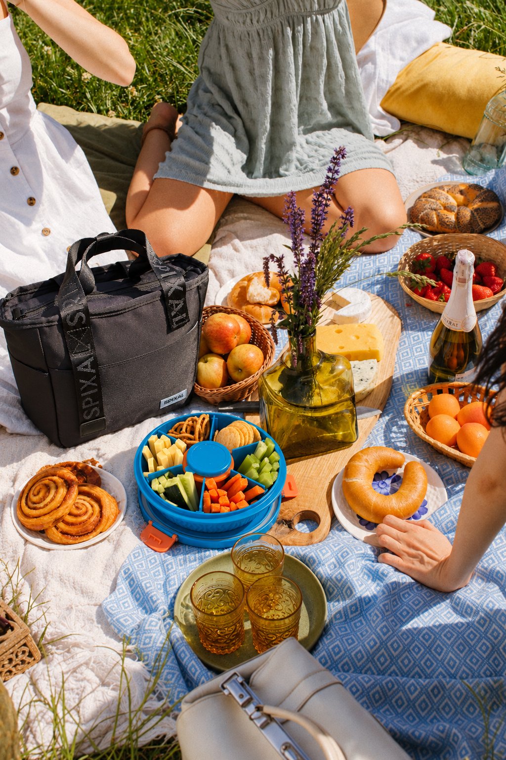 Picnic spread on a rug with a blue Spixal Roundie snackle box filled with cheese, crackers, pretzels and vegie sticks, next to a black Spixal Insulated Cooler Tote Bag