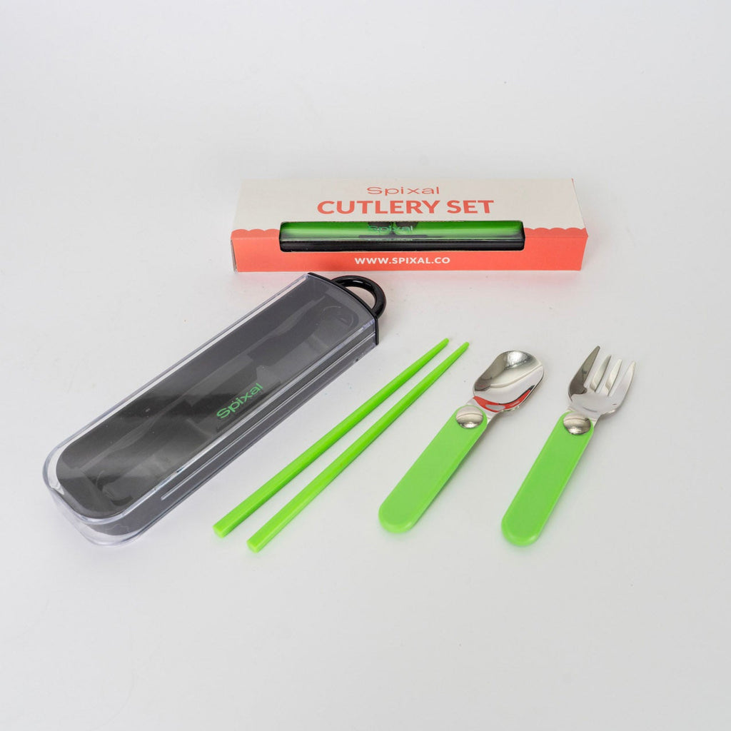 Cutlery set with green handles including a fork, spoon, and chopsticks, displayed on a white background.