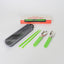 Cutlery set with green handles including a fork, spoon, and chopsticks, displayed on a white background.