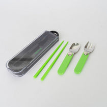 Set of green utensils including a fork and two chopsticks, with a black case on a white background.