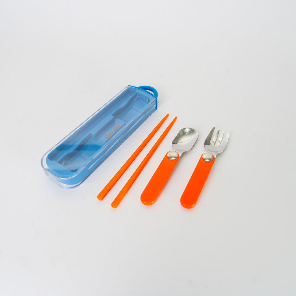 Set of orange cutlery with blue case on a white background