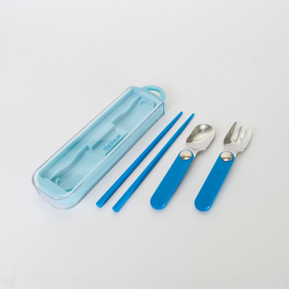 Blue travel cutlery set with case on a light gray background