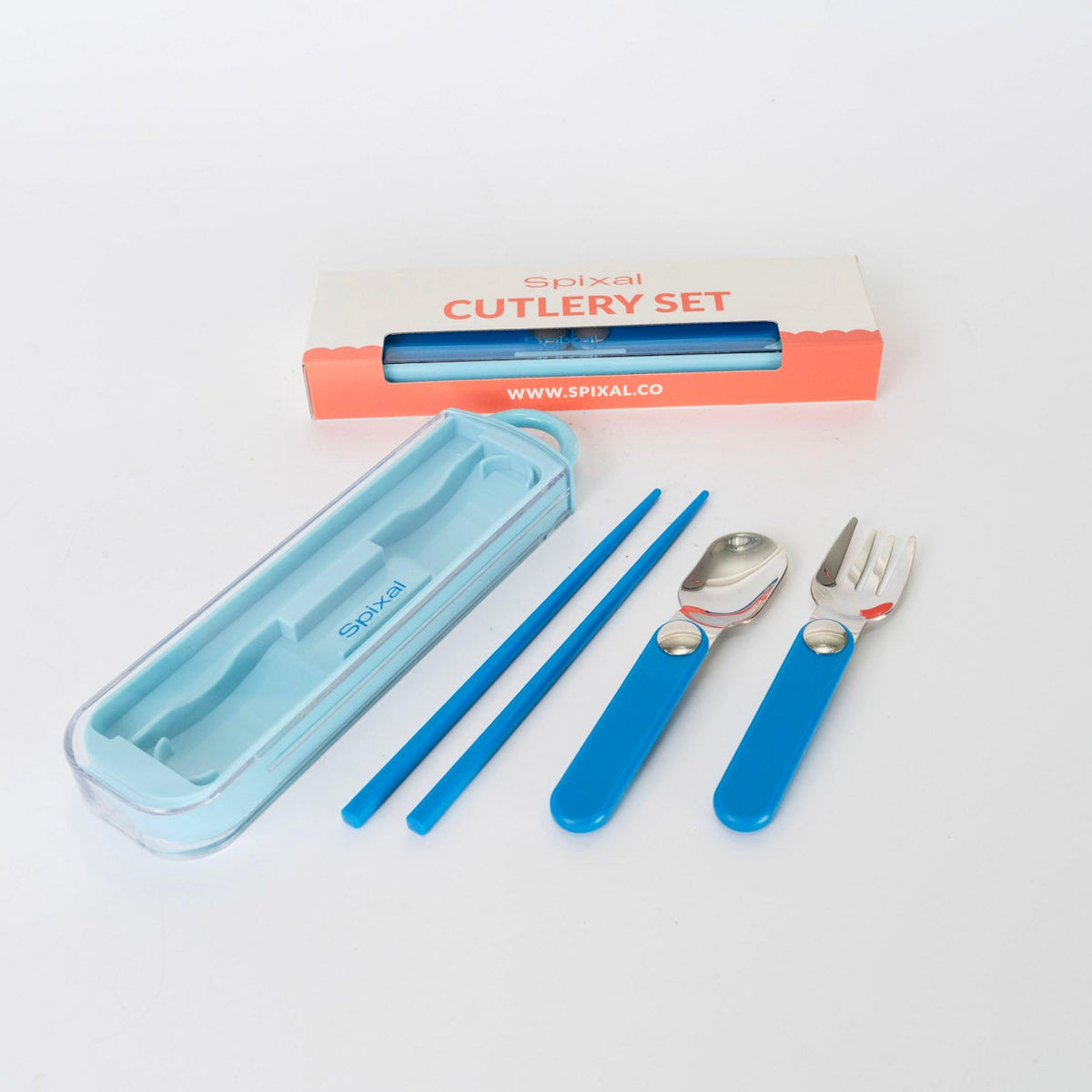 Set of cutlery with blue handles and a carrying case on a white background