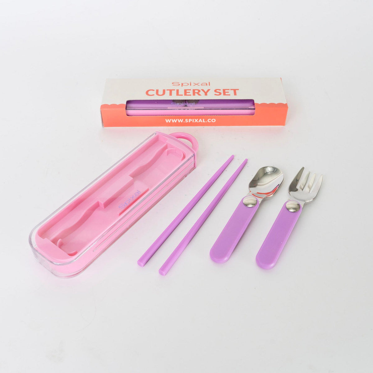 Pink cutlery set with case on a white background