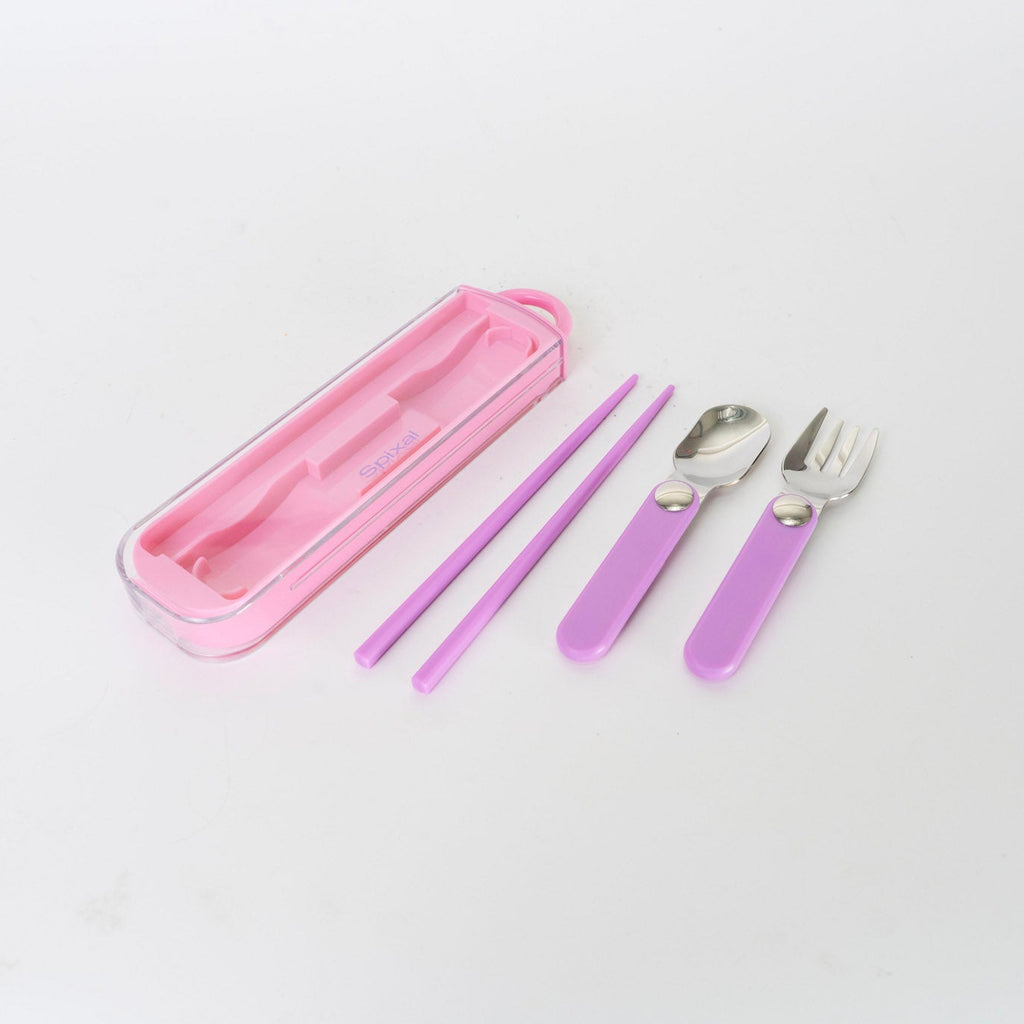 Pink travel cutlery set with case on a white background