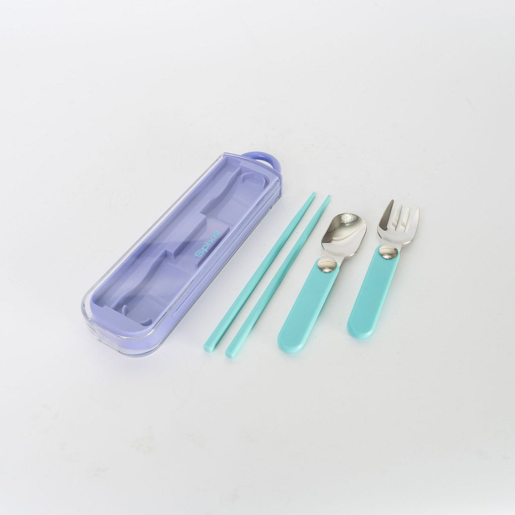 Children's cutlery set with a purple case on a white background