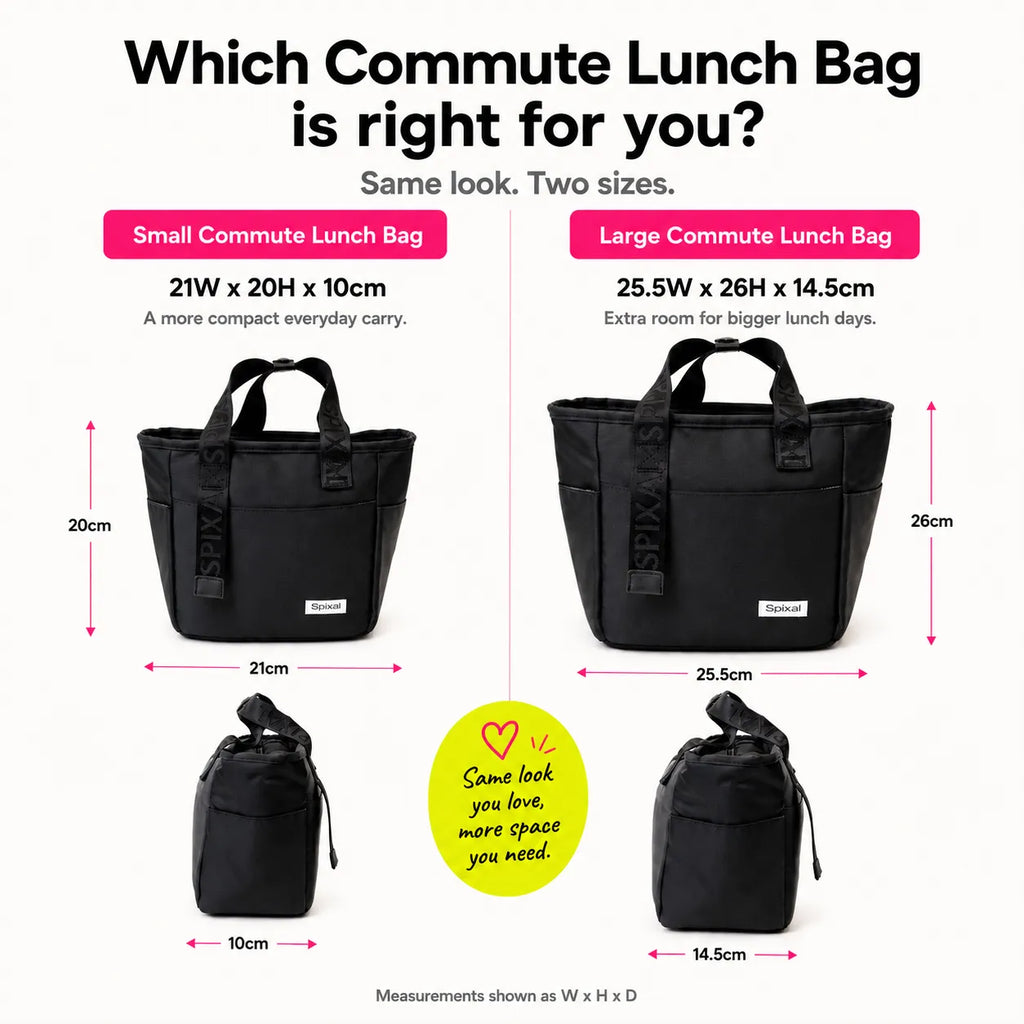 Compare the large and small black insulated tote bags from the Spixal commute series 