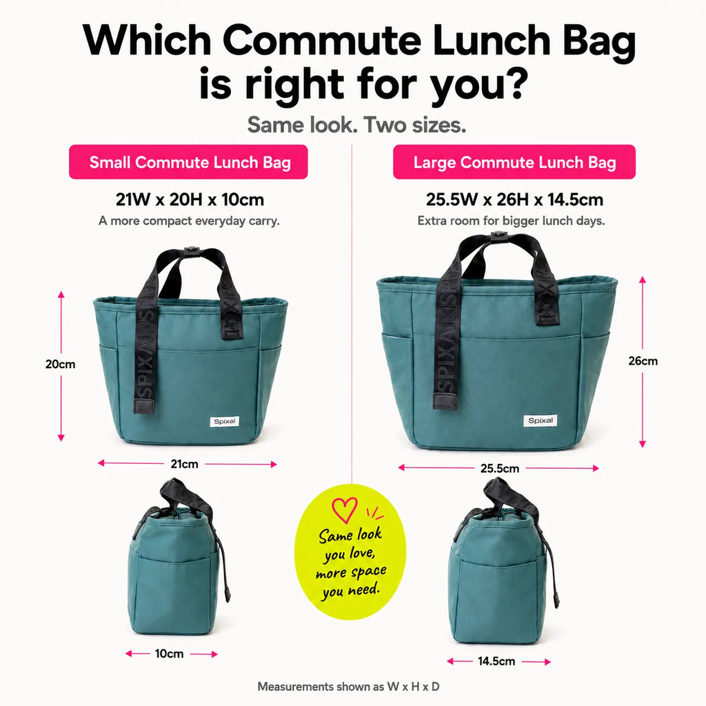Compare the large and small green insulated tote bags from the Spixal commute series 
