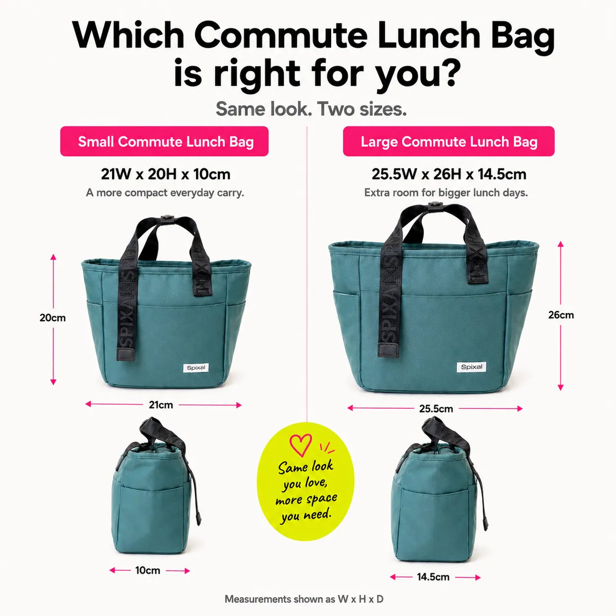 Compare the large and small green insulated tote bags from the Spixal commute series 