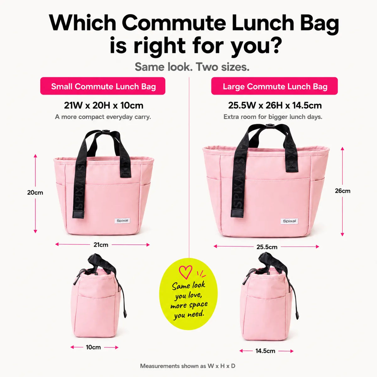 Compare the large and small pink insulated tote bags from the Spixal commute series 