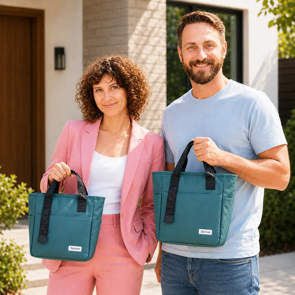 Compare the large and small green insulated tote bags for adults for work from the Spixal commute series 