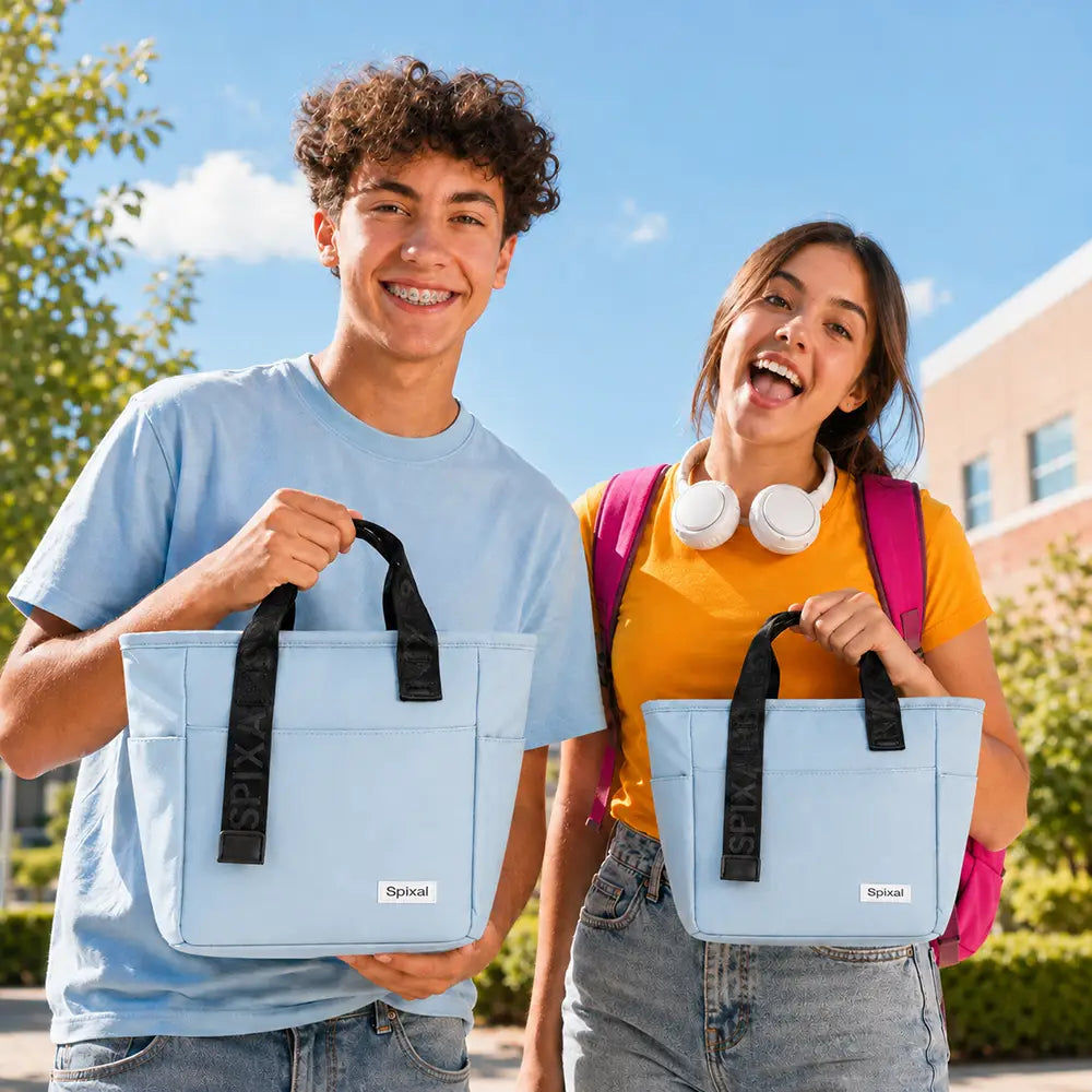 Compare the large and small blue insulated tote bags teens high school middle school from the Spixal commute series 