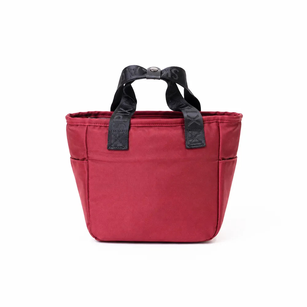 A red insulated lunch bag with a black fabric top handle zip up back, leakproof | Spixal