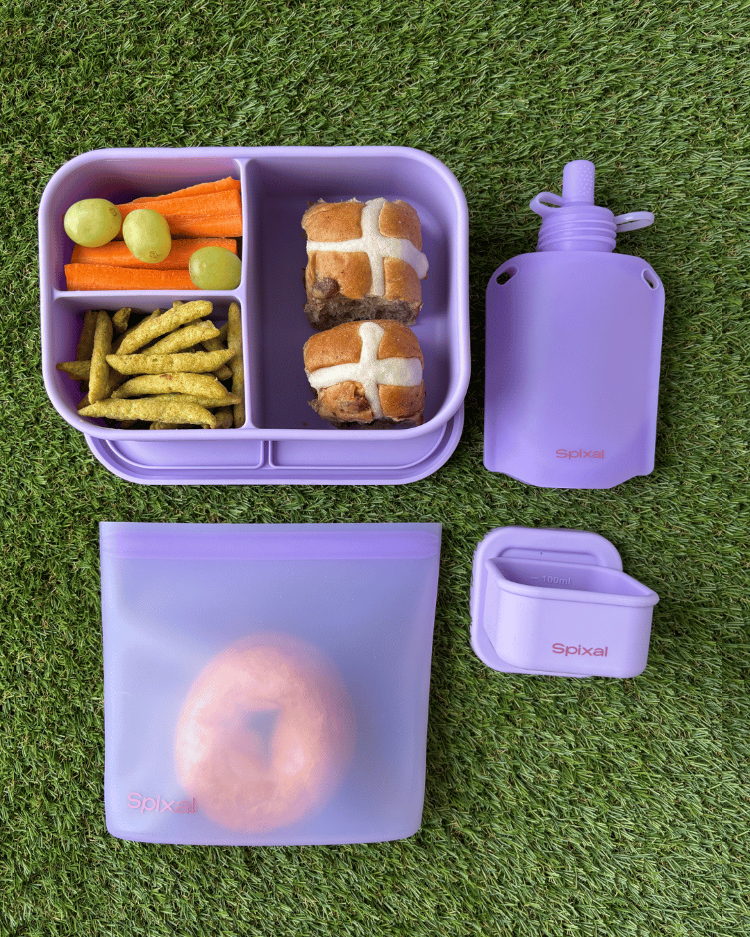 Kids Lunch Set Purple — bento snack box sandwich bag and yoghurt pouch bundle | Spixal Main image