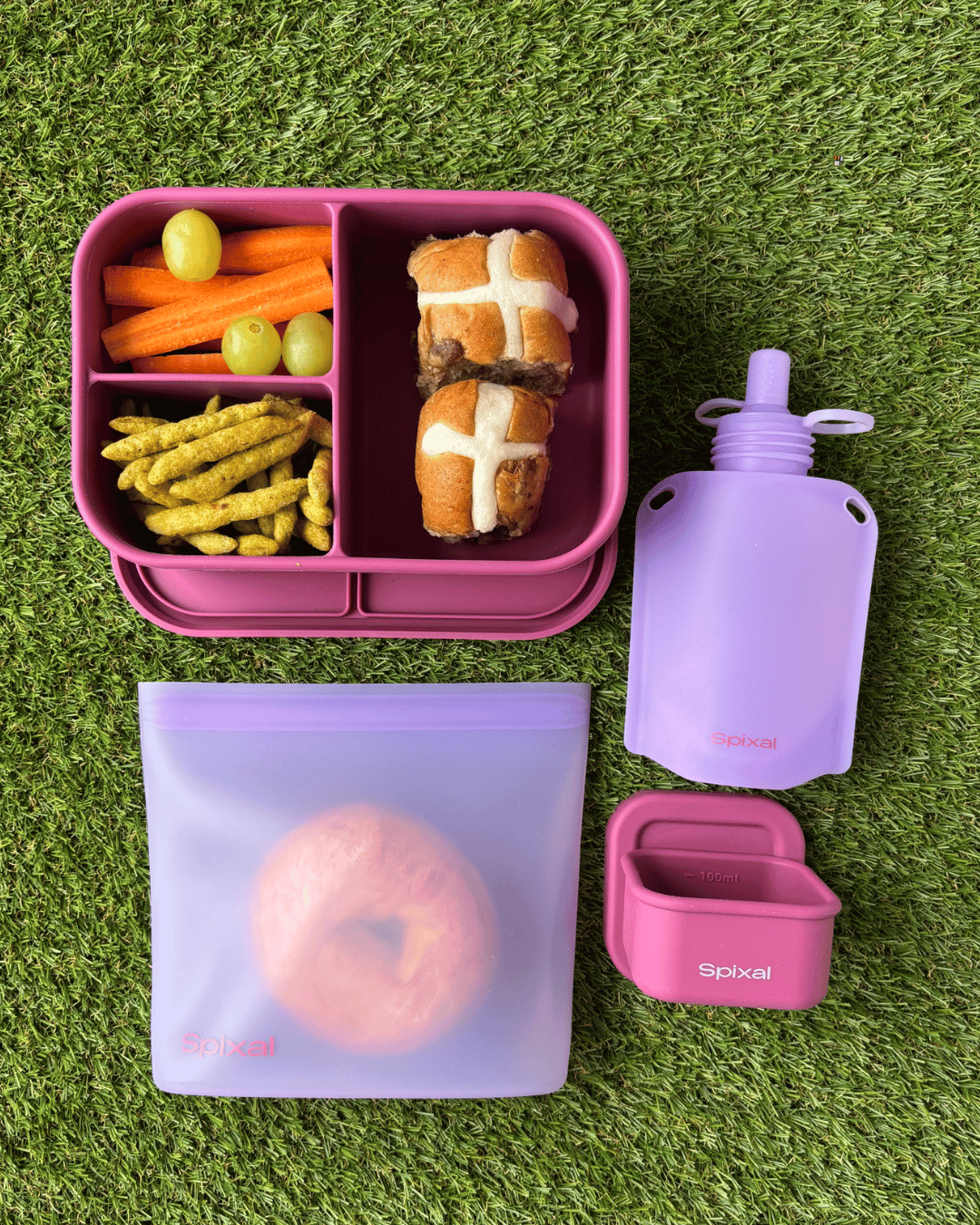 Kids Lunch Set Pink and Purple — bento snack box sandwich bag and yoghurt pouch bundle | Spixal