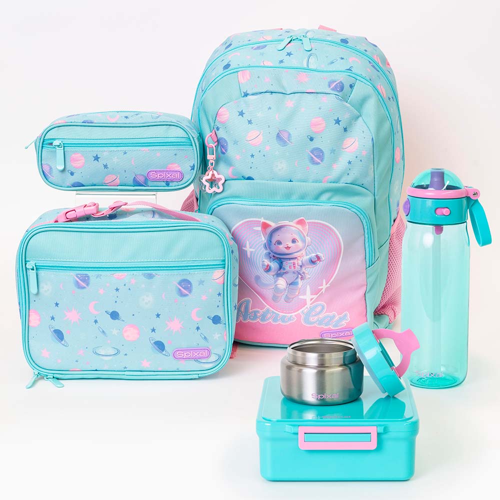 Astro Cat backpack lunch bag and matching pencil case teal bento box insulated food jar and water bottle  | packing the kids school bag just got way more fun | Spixal Main image