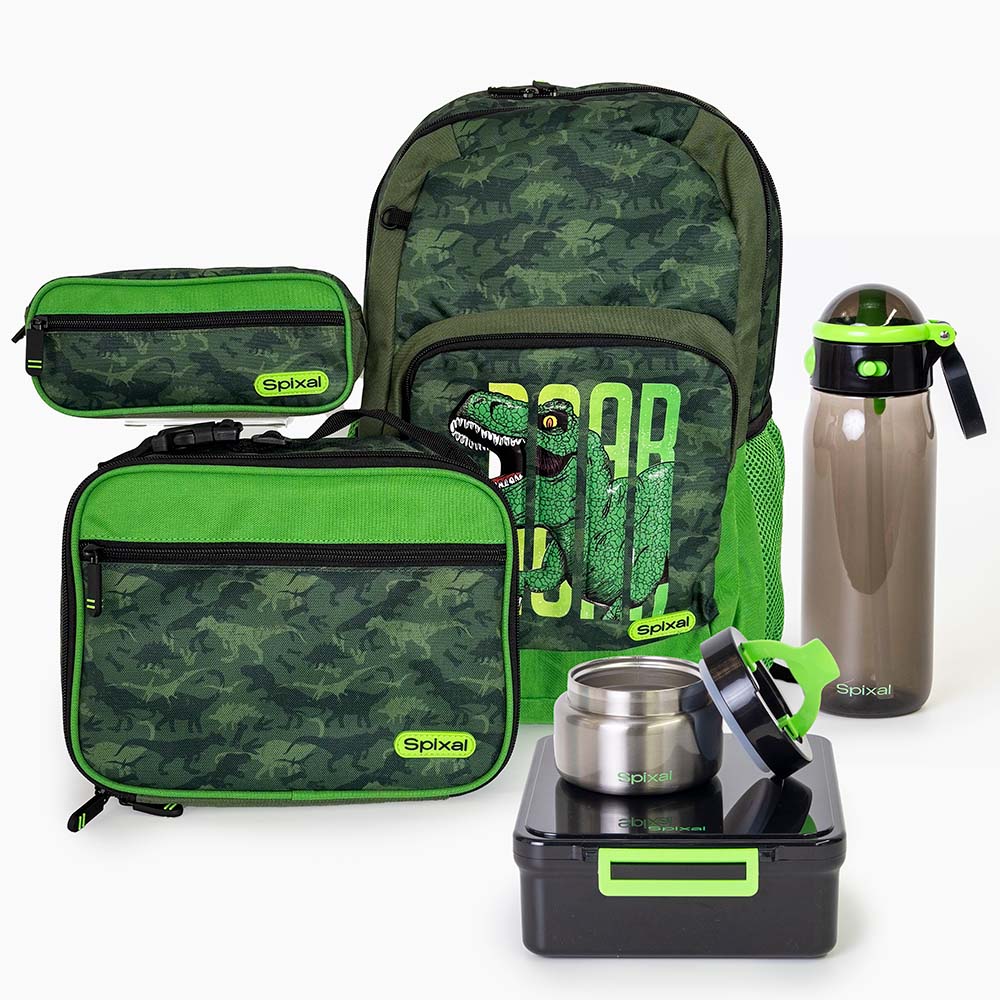 Dinosaur backpack lunch bag and matching pencil case black bento box insulated food jar and water bottle  | packing the kids school bag just got way more fun | Spixal