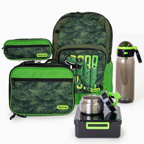 Dinosaur backpack lunch bag and matching pencil case black bento box insulated food jar and water bottle  | packing the kids school bag just got way more fun | Spixal