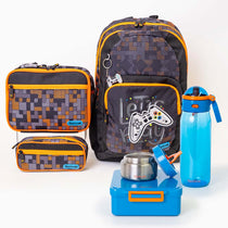 Gamer backpack lunch bag and matching pencil case blue bento box insulated food jar and water bottle  | packing the kids school bag just got way more fun | Spixal