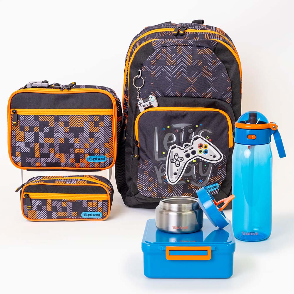 Gamer backpack lunch bag and matching pencil case blue bento box insulated food jar and water bottle  | packing the kids school bag just got way more fun | Spixal
