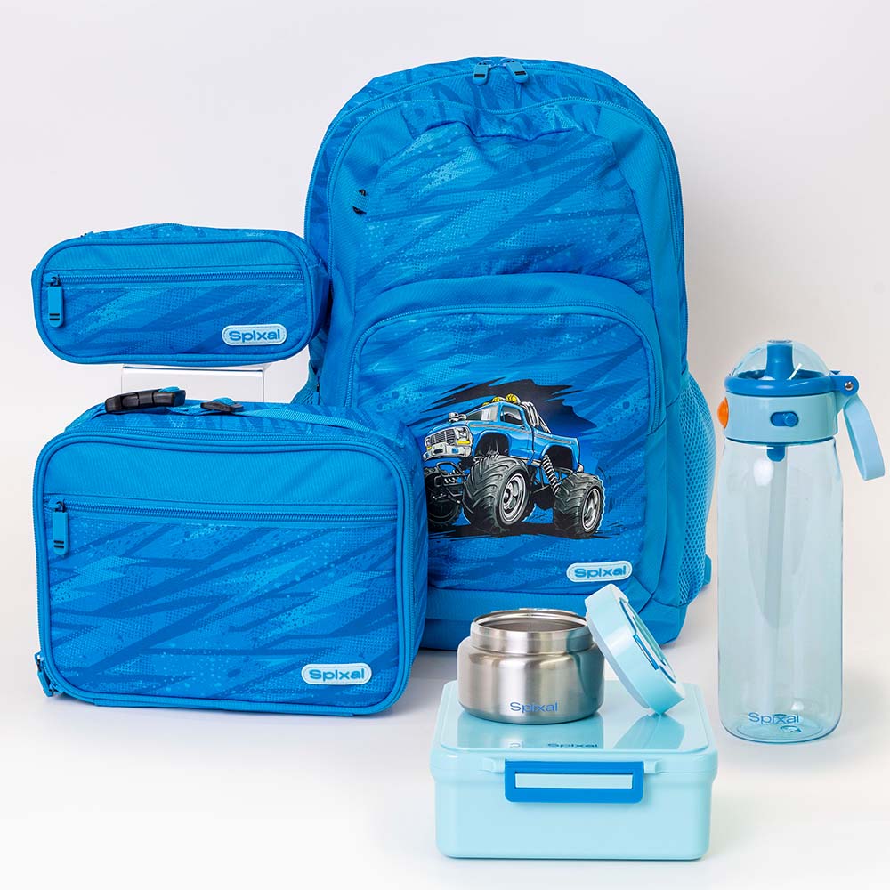 Monster truck blue backpack lunch bag and matching pencil case blue bento box insulated food jar and water bottle  | packing the kids school bag just got way more fun | Spixal Main image
