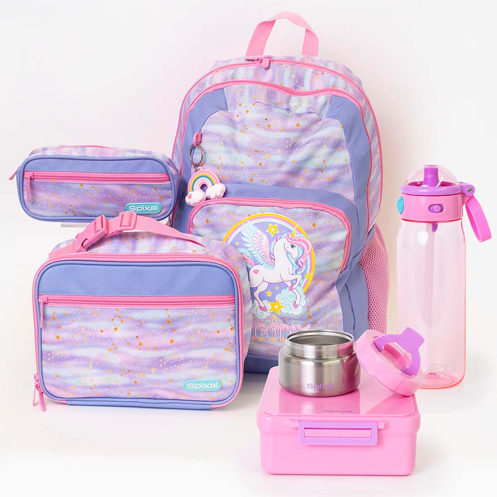 Rainbow unicorn backpack lunch bag and matching pencil case pink bento box insulated food jar and water bottle  | packing the kids school bag just got way more fun | Spixal