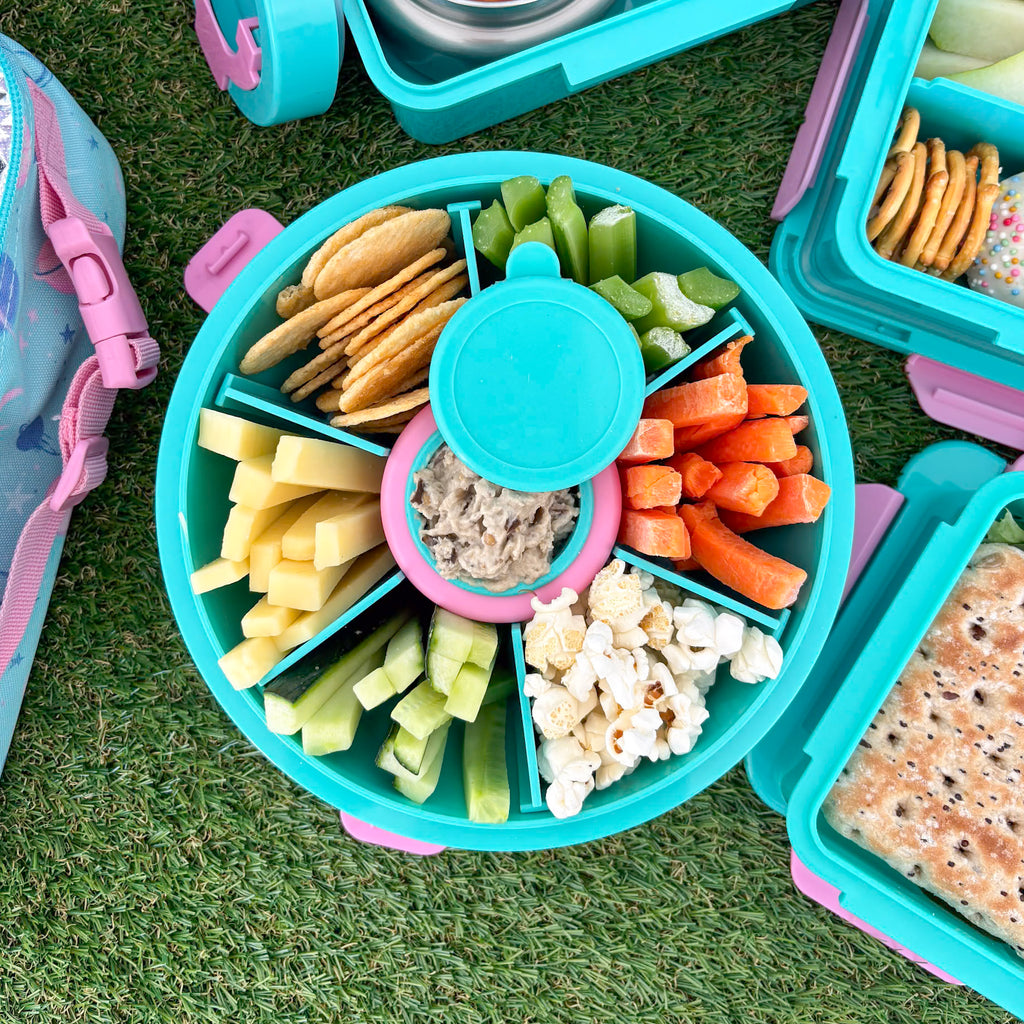 Roundie Round Bento Lunch Box Teal — Snack plate with dip container | Spixal
