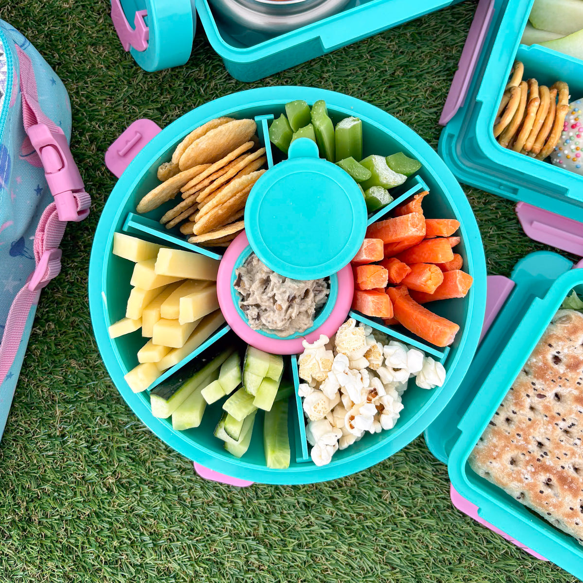Roundie Round Bento Lunch Box Teal — Snack plate with dip container | Spixal