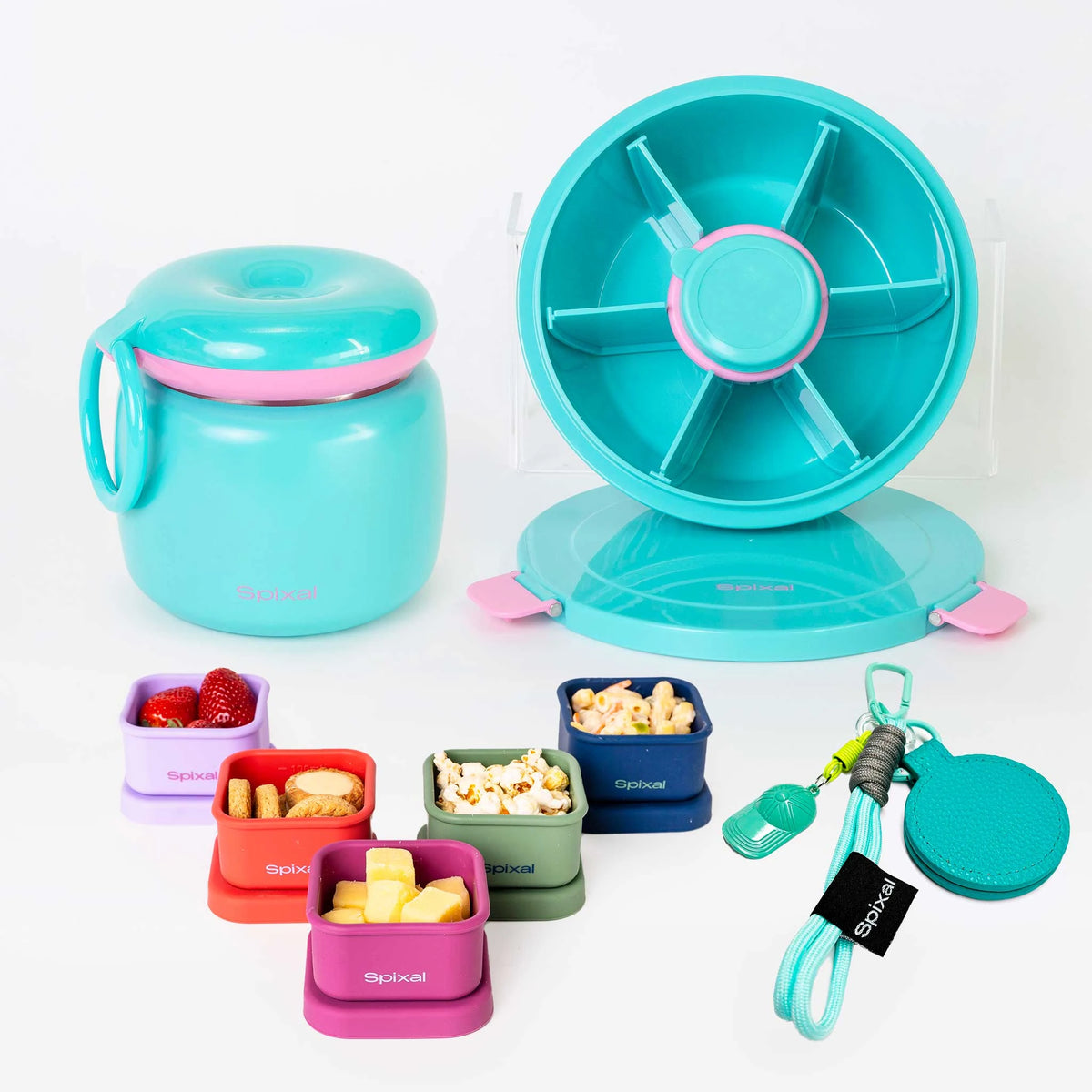 Teal Roundie Bento Lunch Box and Teal 800ml Insulated Food Jar with multicolour Mini Snack Boxes and Teal Magnetic Hat Clip