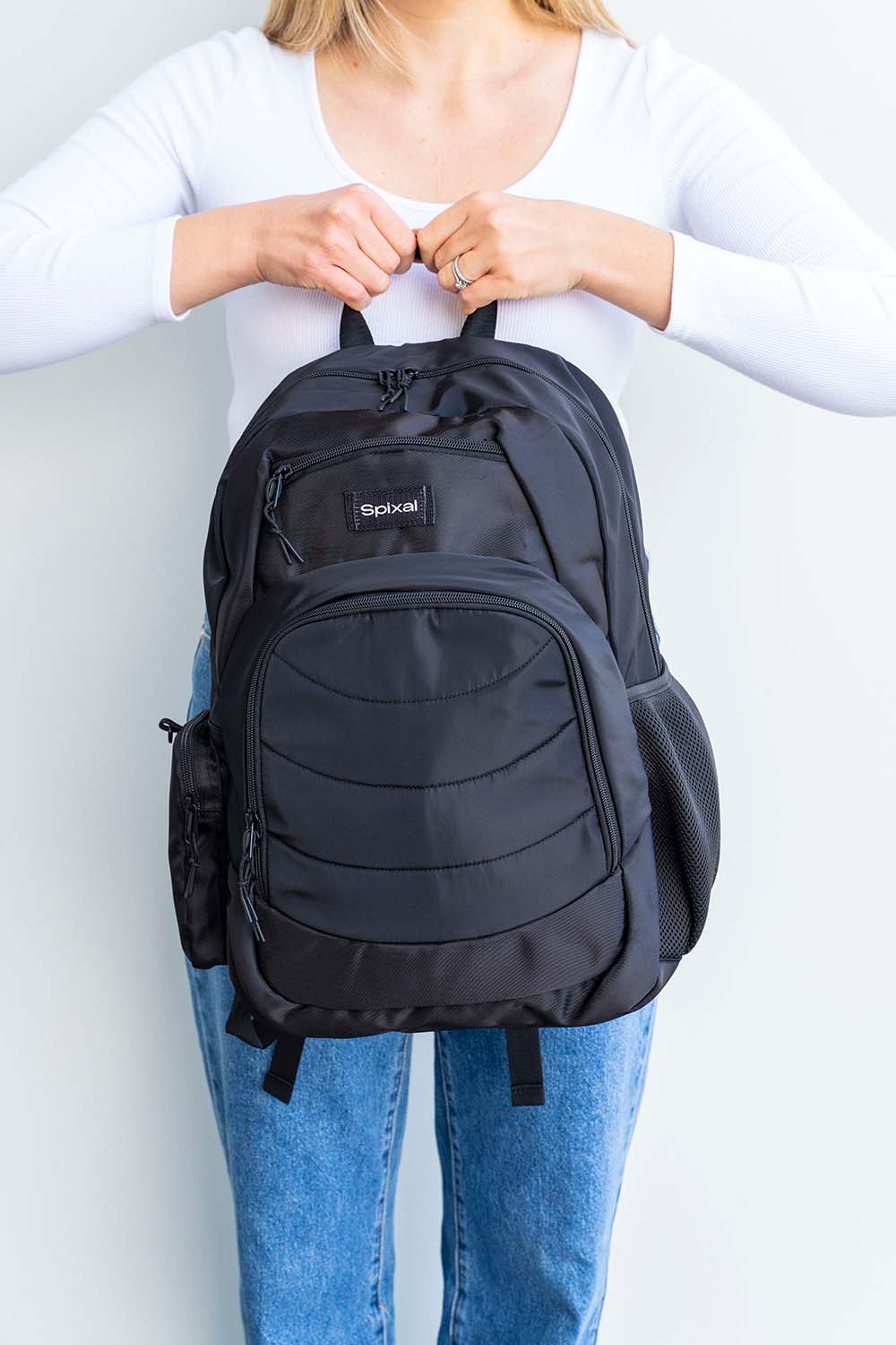Large black backpack school bags for kids teens and uni. It's cotton twill making it durable suitable for all ages and genders | Laptop sleeve water bottle pocket | Spixal