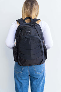 Large black backpack school bags for kids teens and uni. It's cotton twill making it durable suitable for all ages and genders | water bottle pocket on side | Spixal
