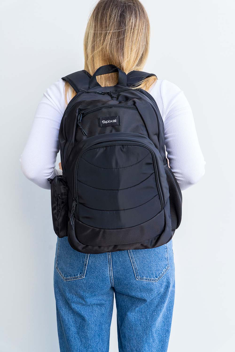 Large black backpack school bags for kids teens and uni. It's cotton twill making it durable suitable for all ages and genders | water bottle pocket on side | Spixal