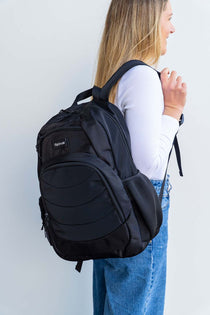 Large black backpack school bags for kids teens and uni. It's cotton twill making it durable suitable for all ages and genders | water bottle pocket on side | Spixal