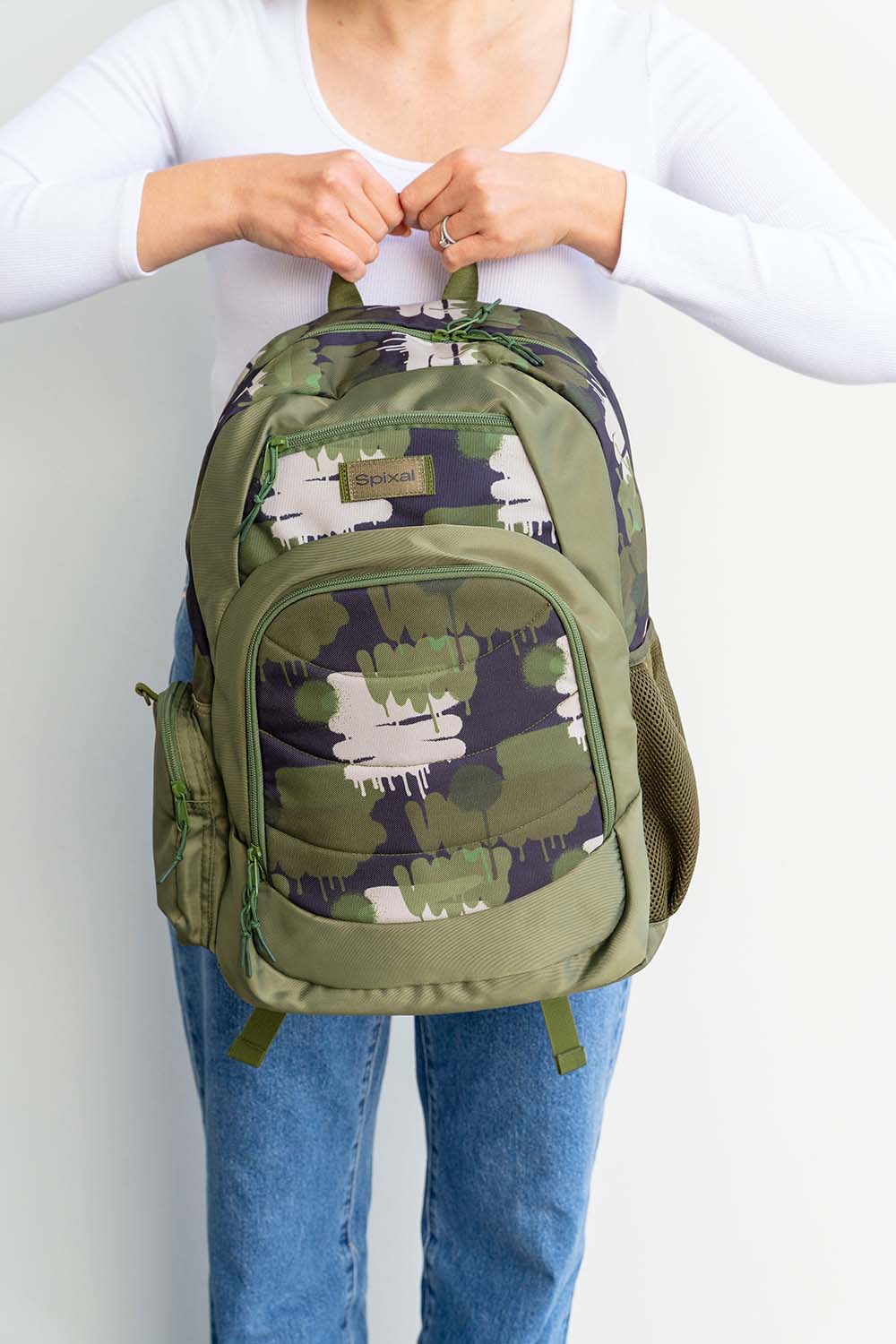 green camouflage camo  large backpack school bag for primary school middle school high school teens or adults | Water bottle pocket laptop sleeve | Spixal