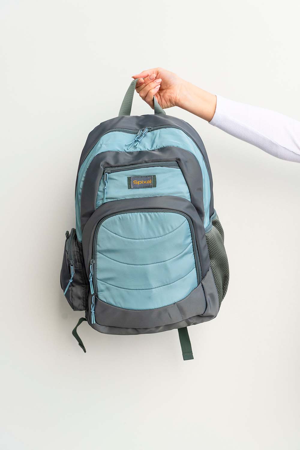 green grey gender neutral large backpack school bag for primary school middle school high school teens or adults | laptop sleeve water bottle pocket | Spixal